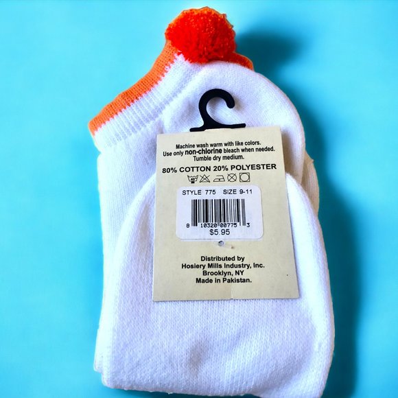 Vintage National Pom Pom Socks Anklets Womens 9 to 11 White & Orange NEW - Picture 7 of 8